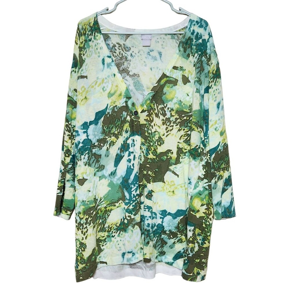 Chicos Womens Sz 2 Cardigan Tunic Sweater Floral One Button Cotton Blend